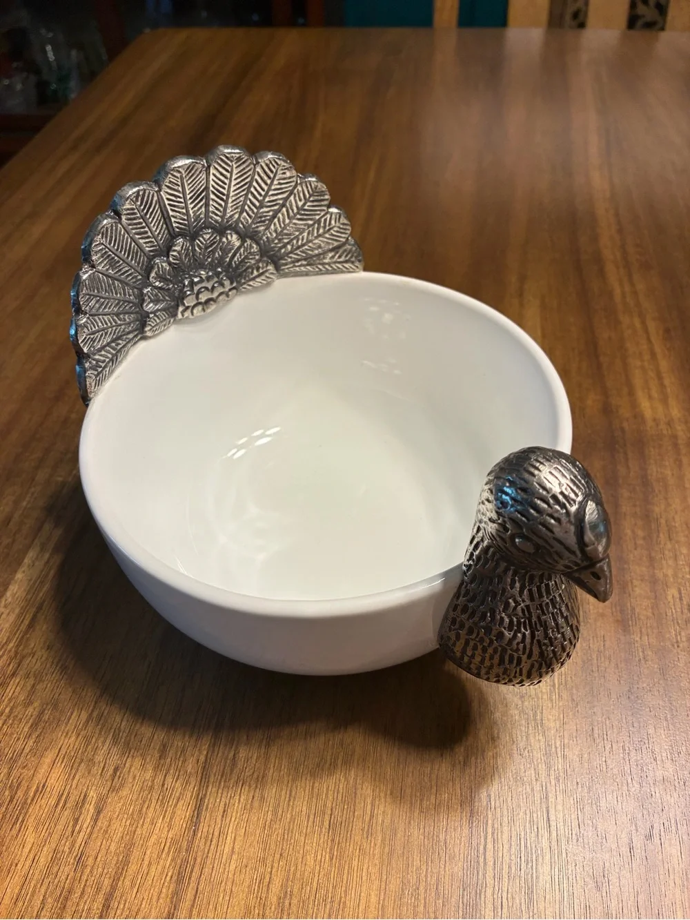 Vintage Pier 1 Ceramic Turkey Serving Bowl with Silver-Tone Accents